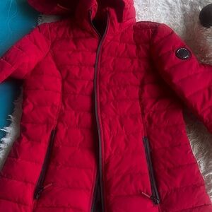 Nautica Red Hooded Jacket with Striped Trim